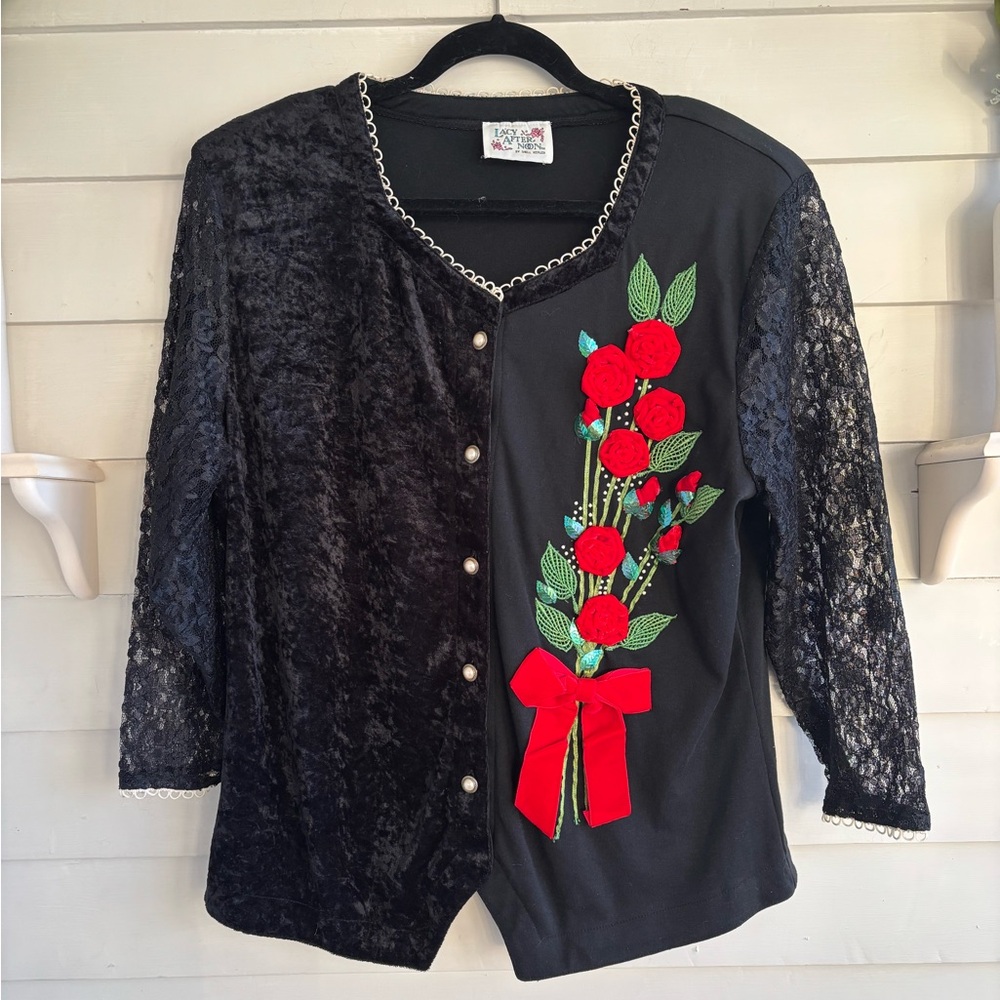 Lacy Afternoon Vintage Black Cardigan with Rose Embroidery